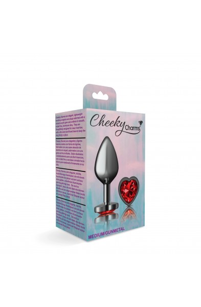 Cheeky Charms-Gunmetal Metal Butt Plug- Heart-Dark Red-Medium