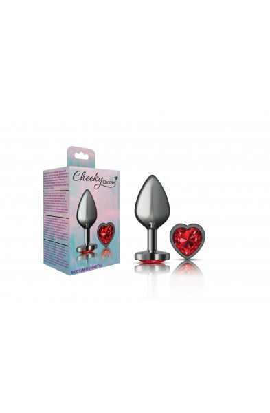 Cheeky Charms-Gunmetal Metal Butt Plug- Heart-Dark Red-Medium