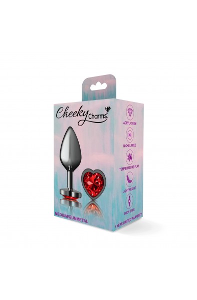 Cheeky Charms-Gunmetal Metal Butt Plug- Heart-Dark Red-Medium