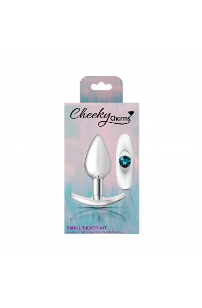 Cheeky Charms-Silver Metal Butt Plug Kit- Clear/teal