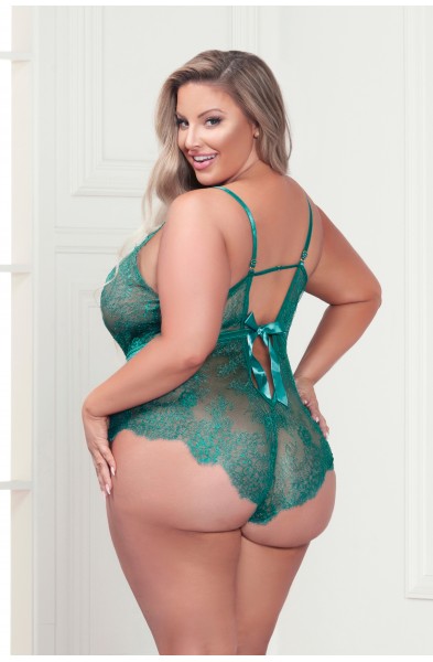 Eyelash Lace Teddy With Satin Ribbon Bow - Queen  Size - Green