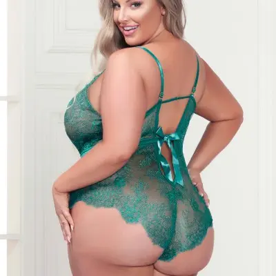 Eyelash Lace Teddy With Satin Ribbon Bow - Queen  Size - Green