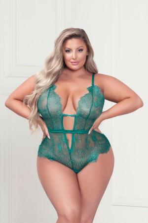 Eyelash Lace Teddy With Satin Ribbon Bow - Queen  Size - Green