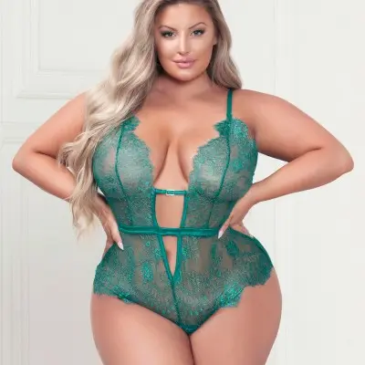 Eyelash Lace Teddy With Satin Ribbon Bow - Queen  Size - Green