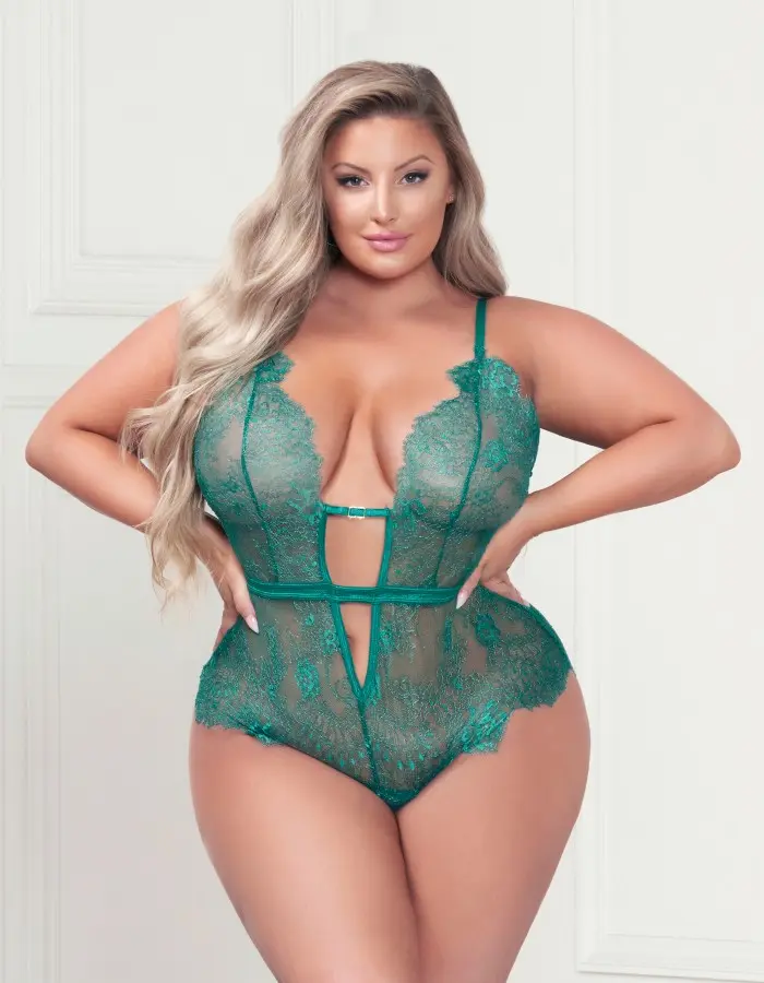 Eyelash Lace Teddy With Satin Ribbon Bow - Queen  Size - Green