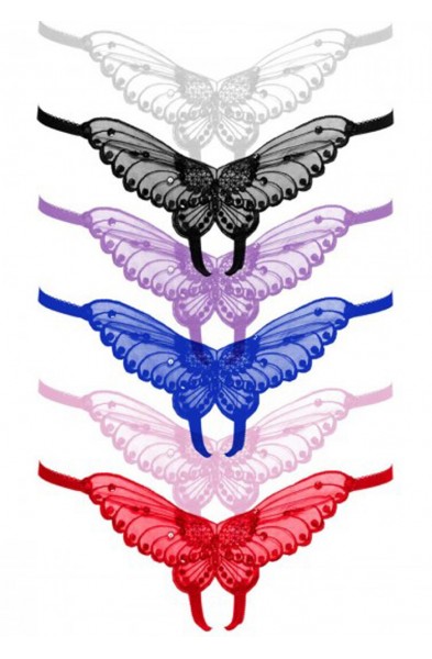 Butterfly Crotchless Panty With Pearl Accents - Assorted Colors - One Size