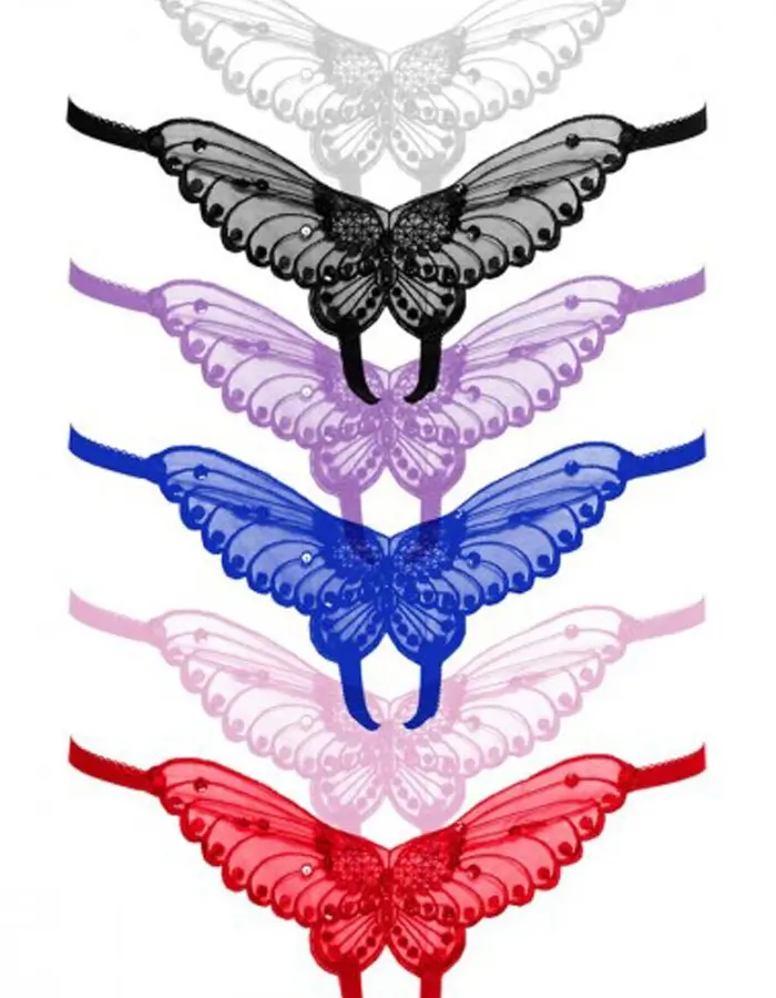 Butterfly Crotchless Panty With Pearl Accents - Assorted Colors - One Size