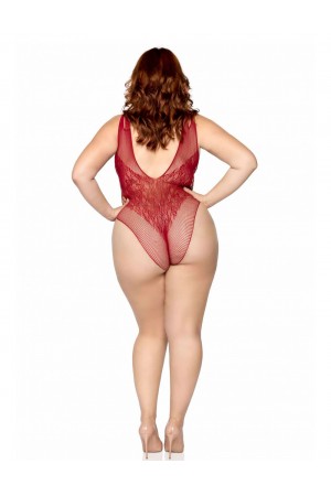 Net and Lace Bodysuit - 1x/2x - Burgundy