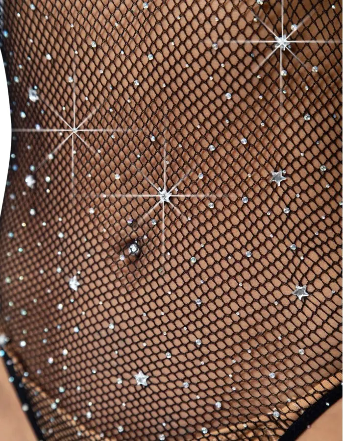 Star Rhinestone Snap Crotch Bodysuit - One Size -  Black