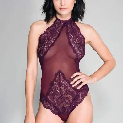 High Neck Scalloped Trim Lace Teddy With Sheer  Back - One Size - Burgundy