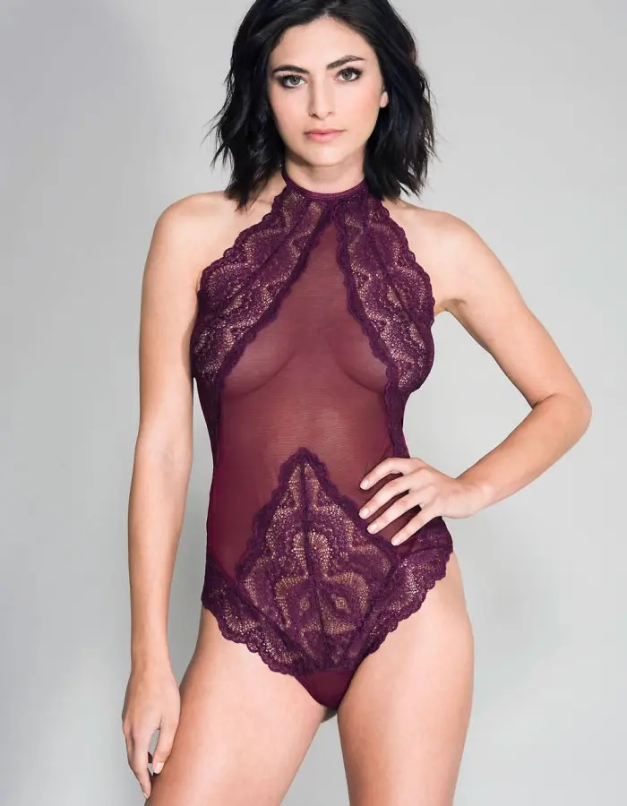 High Neck Scalloped Trim Lace Teddy With Sheer  Back - One Size - Burgundy