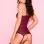 Underwire Lace Strappy Camisole With Attached  Garters and G-String - One Size - Burgundy