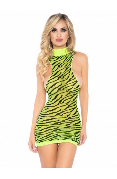 Neon Zebra Racer Back Mini Dress - One Size - Neon Yellow