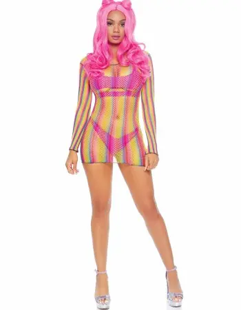 Rainbow Fishnet Long Sleeved Mini Dress - One Size - Rainbow