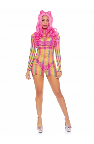 Rainbow Fishnet Long Sleeved Mini Dress - One Size - Rainbow