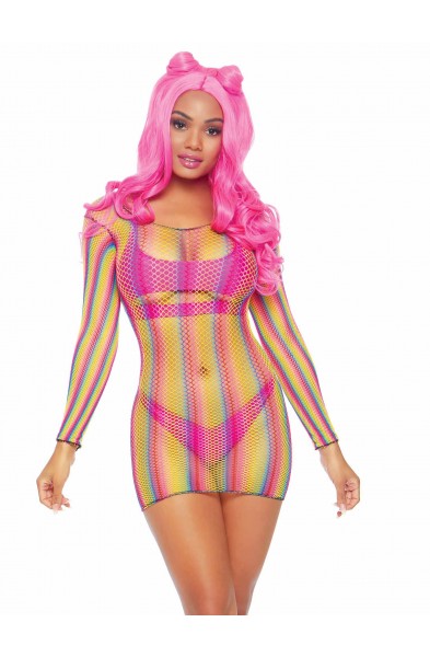 Rainbow Fishnet Long Sleeved Mini Dress - One Size - Rainbow