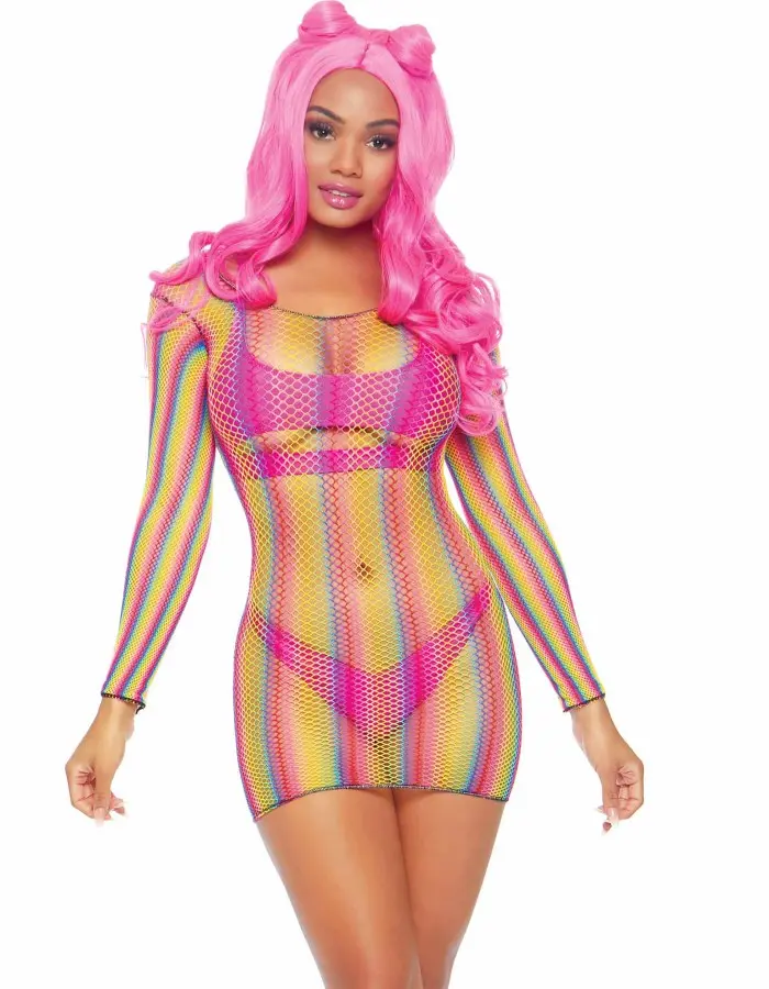 Rainbow Fishnet Long Sleeved Mini Dress - One Size - Rainbow