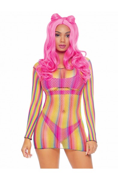 Rainbow Fishnet Long Sleeved Mini Dress - One Size - Rainbow