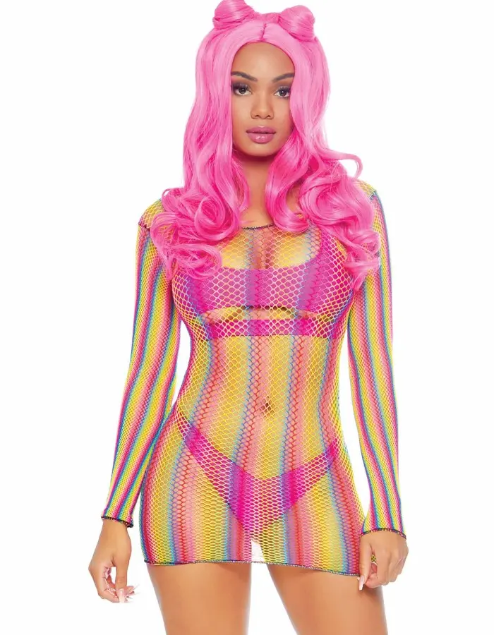 Rainbow Fishnet Long Sleeved Mini Dress - One Size - Rainbow