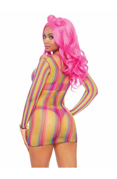 Rainbow Fishnet Long Sleeved Mini Dress - One Size - Rainbow