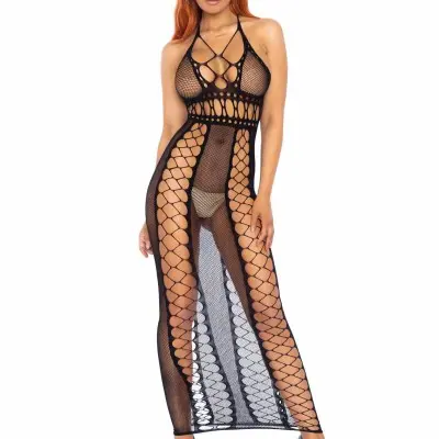 Fishnet Backless Halter Dress - One Size - Black