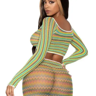2 Pc Zig Zag Net Crop Top and Mini Dress - One Size - Green