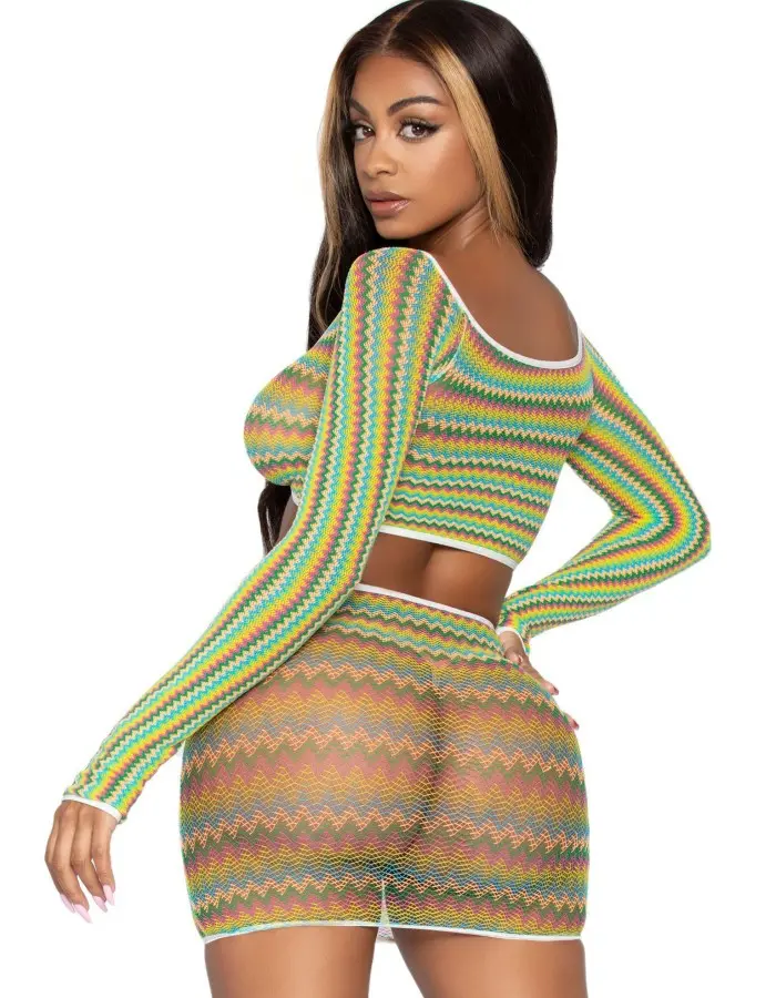 2 Pc Zig Zag Net Crop Top and Mini Dress - One Size - Green