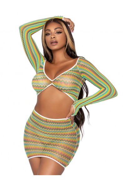 2 Pc Zig Zag Net Crop Top and Mini Dress - One  Size - Green