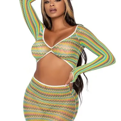 2 Pc Zig Zag Net Crop Top and Mini Dress - One Size - Green