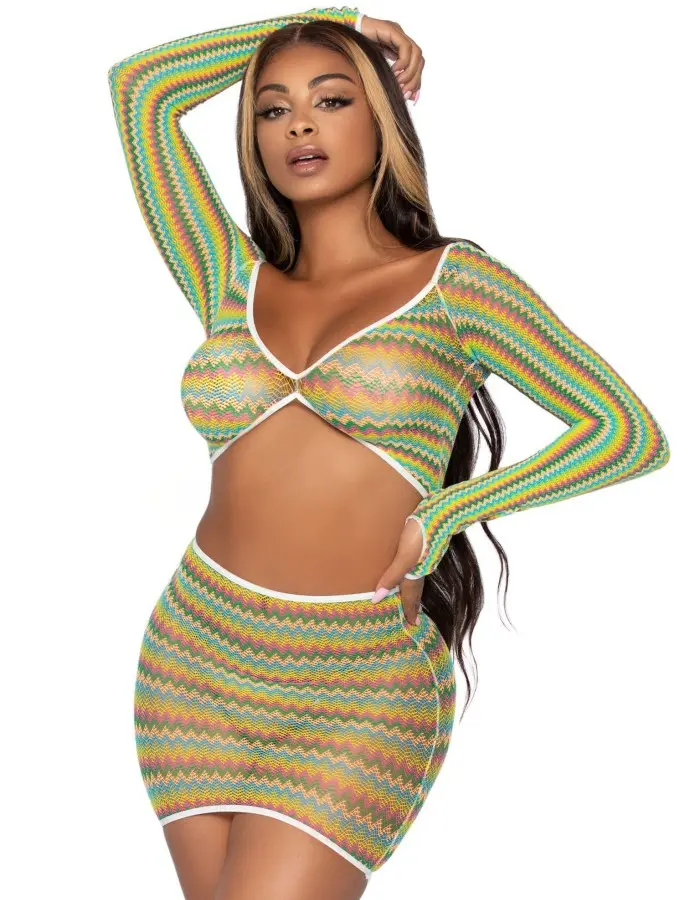 2 Pc Zig Zag Net Crop Top and Mini Dress - One Size - Green