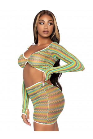 2 Pc Zig Zag Net Crop Top and Mini Dress - One  Size - Green