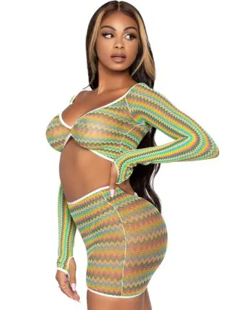 2 Pc Zig Zag Net Crop Top and Mini Dress - One Size - Green