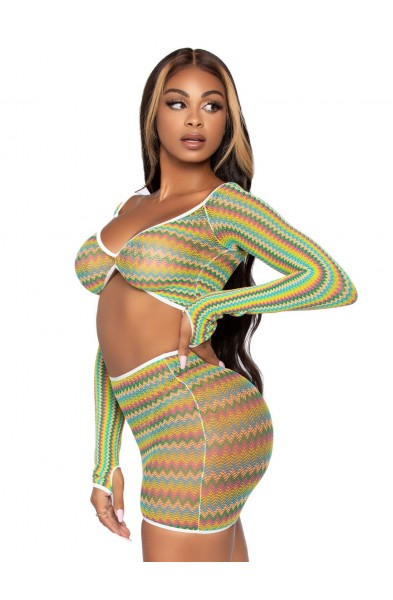 2 Pc Zig Zag Net Crop Top and Mini Dress - One  Size - Green