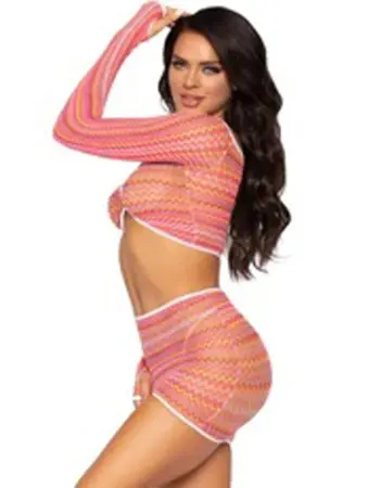 2 Pc Zig Zag Net Crop Top and Mini Dress - One Size - Pink