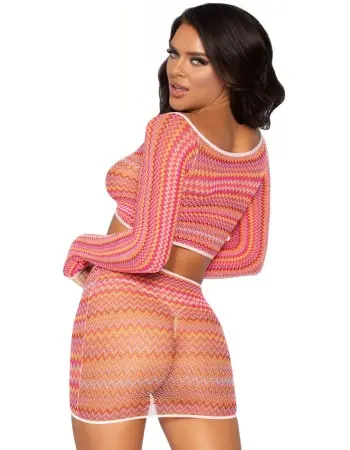 2 Pc Zig Zag Net Crop Top and Mini Dress - One Size - Pink