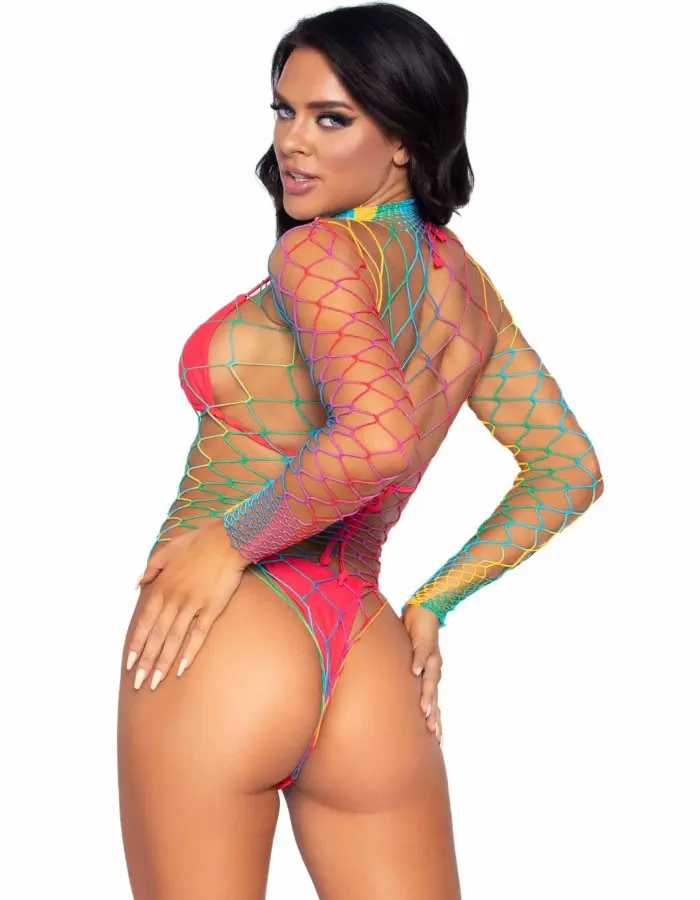 High Neck Fence Net Long Sleeve Bodysuit With Snap Crotch Thong Panty - One Size - Rainbow