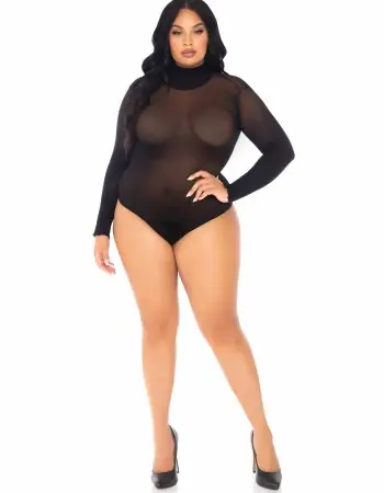 Opaque High Neck Long Sleeve Bodysuit With Snap  Crotch - 1x/2x - Black