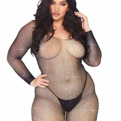 Crystalized Seamless Fishnet Long Sleeved  Bodystocking - 1x/2x - Black