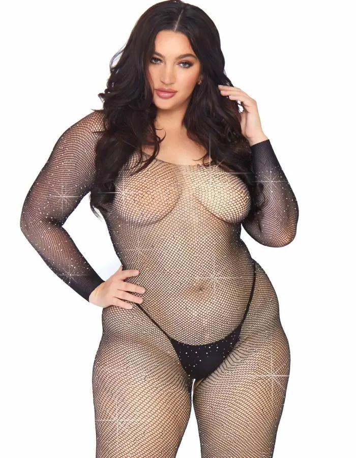 Crystalized Seamless Fishnet Long Sleeved  Bodystocking - 1x/2x - Black