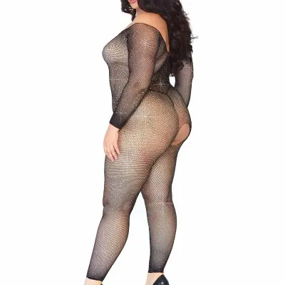 Crystalized Seamless Fishnet Long Sleeved  Bodystocking - 1x/2x - Black