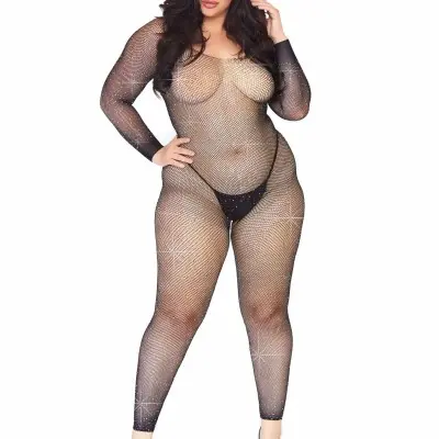 Crystalized Seamless Fishnet Long Sleeved  Bodystocking - 1x/2x - Black