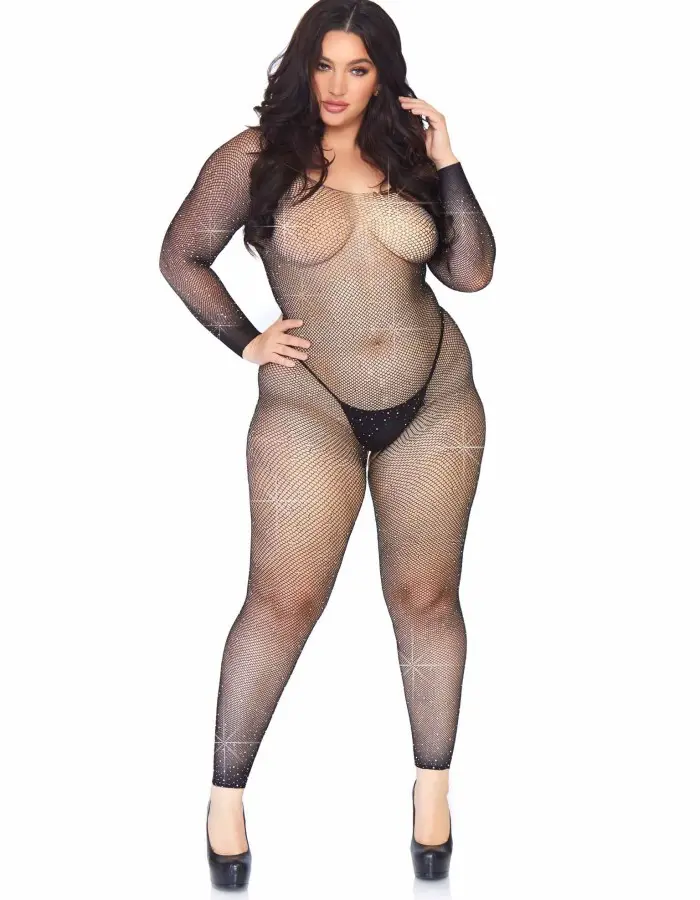 Crystalized Seamless Fishnet Long Sleeved  Bodystocking - 1x/2x - Black