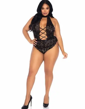 Floral Lace Crotchless Teddy - 1x/2x - Black