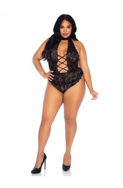 Floral Lace Crotchless Teddy - 1x/2x - Black