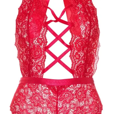 Floral Lace Crotchless Teddy - 1x/2x - Red