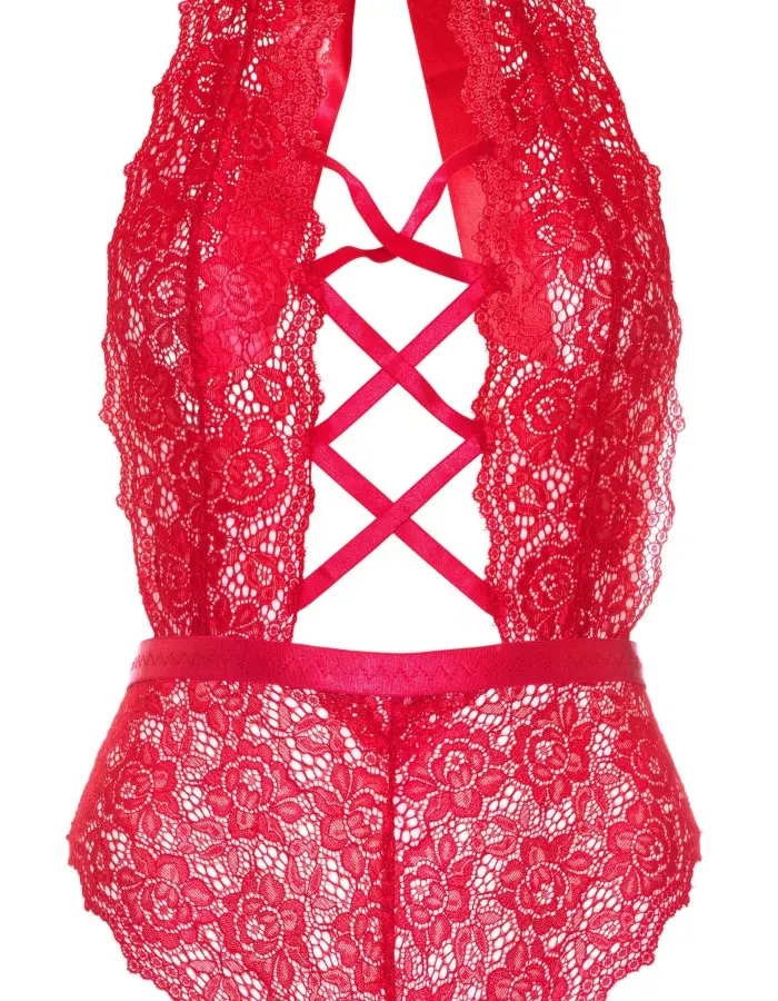 Floral Lace Crotchless Teddy - 1x/2x - Red