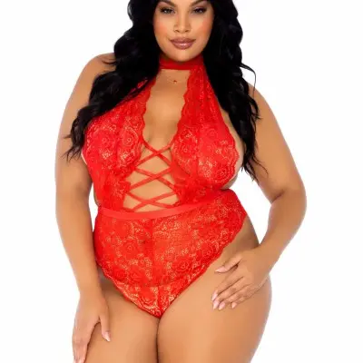 Floral Lace Crotchless Teddy - 1x/2x - Red