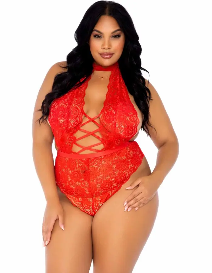 Floral Lace Crotchless Teddy - 1x/2x - Red