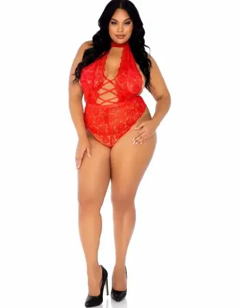Floral Lace Crotchless Teddy - 1x/2x - Red