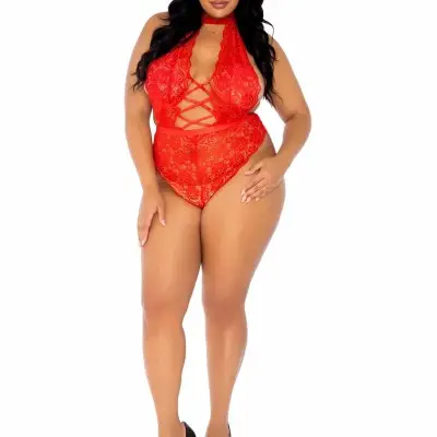 Floral Lace Crotchless Teddy - 1x/2x - Red